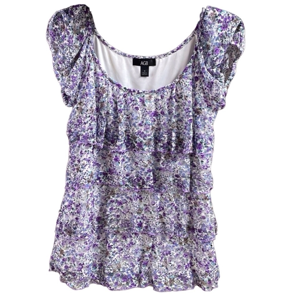 AGB Ladies Floral Lace Layered Top, Size Small, Purple and White Floral